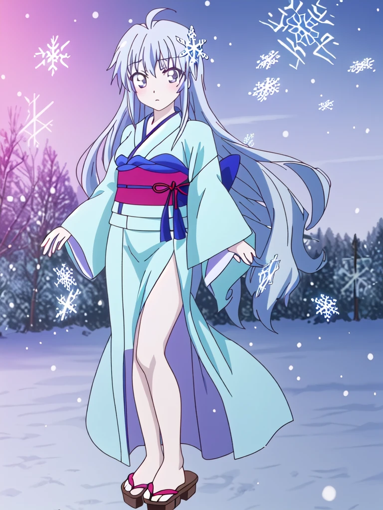 Standing portrait, full body, anime style, anime CG style, gal game CG style, pale skin, single woman, woman around 40 years old, adult woman, mature woman, pastel blue hair, long hair, standard bust, normal bust, medium bust, snowflake hair ornament, snowflake accessories, snow patterned kimono, women's geta, bare feet, masterpiece, high resolution, high quality, plain transparent background,