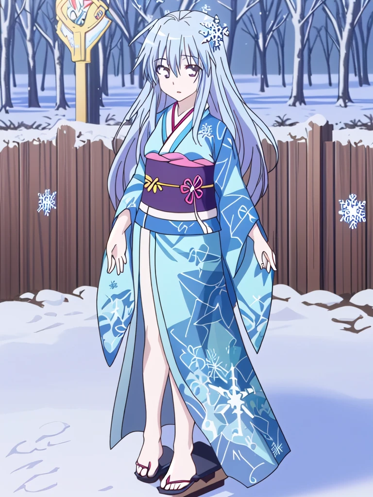 Standing portrait, full body, anime style, anime CG style, gal game CG style, pale skin, single woman, woman around 40 years old, adult woman, mature woman, pastel blue hair, long hair, standard bust, normal bust, medium bust, snowflake hair ornament, snowflake accessories, snow patterned kimono, women's geta, bare feet, masterpiece, high resolution, high quality, plain transparent background,