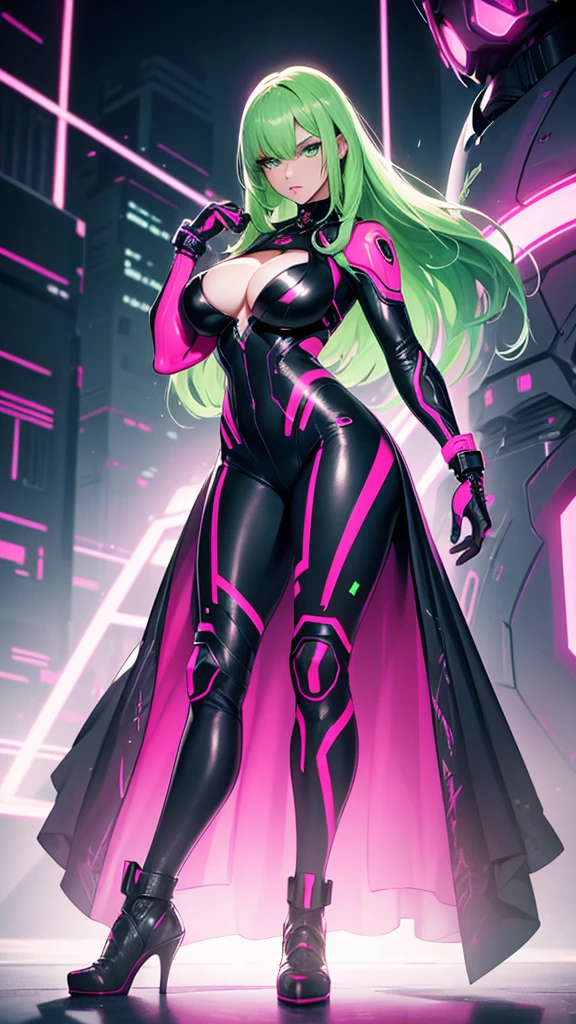 A woman in neon pink cybernetic outfit masterpiece, highest quality, (solo focus), (perfect face:1.1), (full body), (high detail:1.1), (hyper detailed eyes), dramatic, a woman with pale skin and long voluminous dark green hair, green eyes, solo, long hair, arrogant expression, heels, detailed background, art by artgerm, cinematic lighting, fashion, BalenciagaStyle