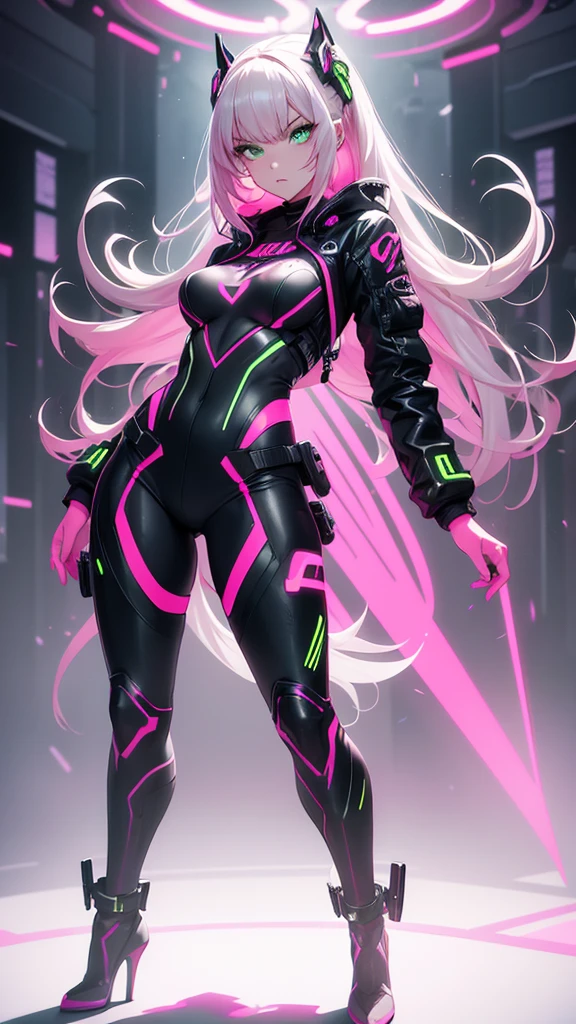 A woman in neon pink cybernetic outfit masterpiece, highest quality, (solo focus), (perfect face:1.1), (full body), (high detail:1.1), (hyper detailed eyes), dramatic, a woman with pale skin and long voluminous dark green hair, green eyes, solo, long hair, arrogant expression, heels, detailed background, art by artgerm, cinematic lighting, fashion, BalenciagaStyle