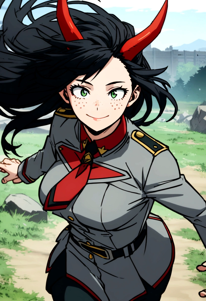 Screenshot of boku no hero academia beautiful dragon girl with four red horns very long black hair green eyes with freckles wearing red tie uniform and gray jacket smiling