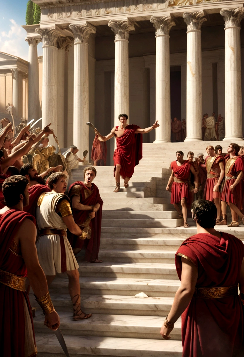 Caesar, in red tunic, is attacked by senators. Their expressions are intense, revealing betrayal. The background is a grand Roman setting with columns and statues. Senators raised, brandish daggers. Caesar, in despair, falls down the marble stairs. The play of light highlights his anguished features, capturing the tragic moment with realistic details and vivid colors.