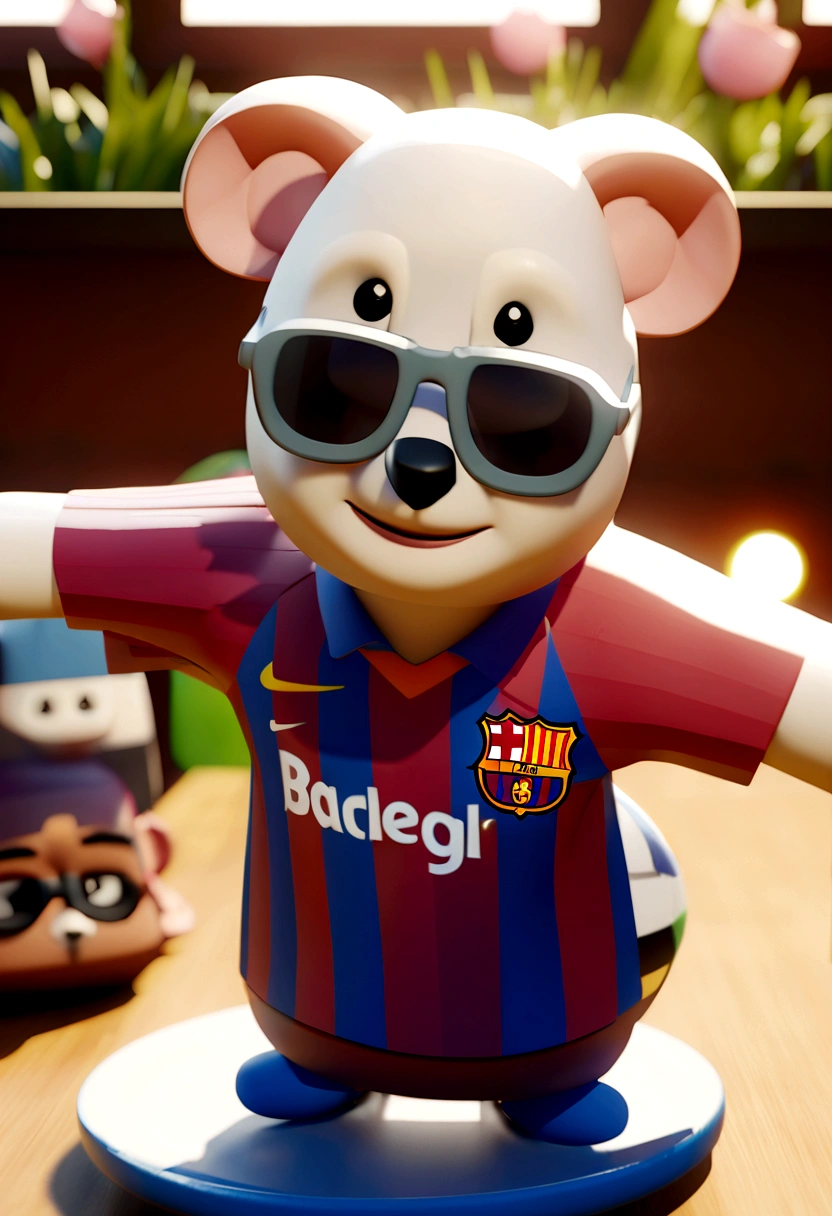 Cartoon character of a koala with black glasses and Barcelona shirt, an animated character, Stylized character, animation style rendering, stylized 3D, Arnold Maya rendering, Stylized 3D rendering, toon rendering screenshot, 3D Character , 3D Character, Stylized 3D Rendering, 3D Character Rendering, cartoon character, Close up Character, Character Pose, (Pixar Style) (master part:1.2) (bokeh) (best quality) (detailed skin) (texture detailed) (8K) (clay) (cinematic lighting) (sharp focus,Sits and leaks the upper body