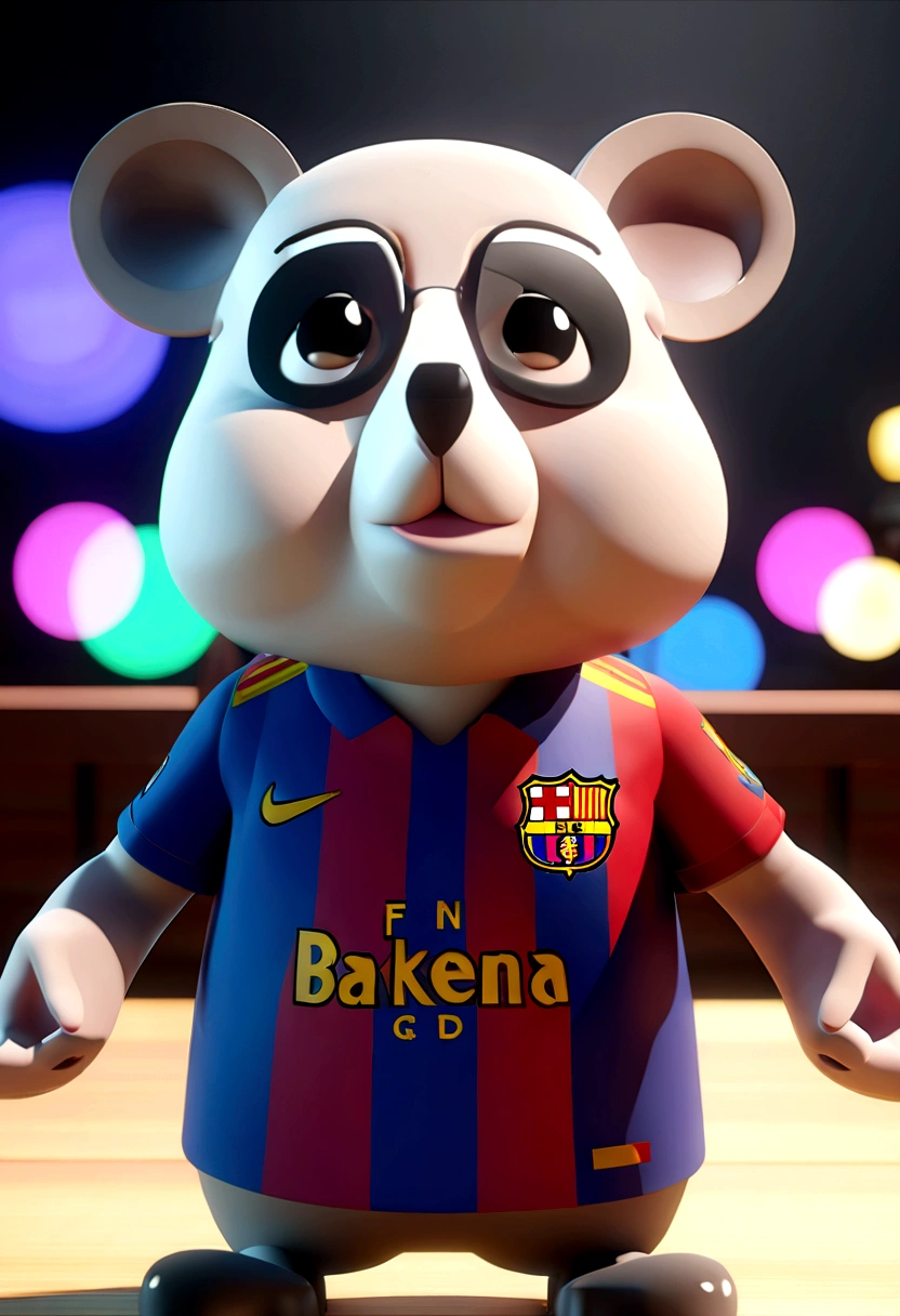 Cartoon character of a koala with black glasses and Barcelona shirt, an animated character, Stylized character, animation style rendering, stylized 3D, Arnold Maya rendering, Stylized 3D rendering, toon rendering screenshot, 3D Character , 3D Character, Stylized 3D Rendering, 3D Character Rendering, cartoon character, Close up Character, Character Pose, (Pixar Style) (master part:1.2) (bokeh) (best quality) (detailed skin) (texture detailed) (8K) (clay) (cinematic lighting) (sharp focus,Sits and leaks the upper body