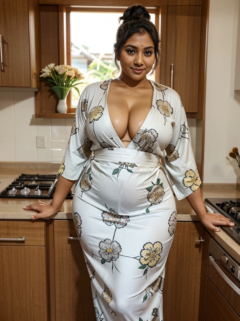 Sri lankan aunty 45 years old curvy body sexy figure fat body hairbun wearing flower pattern tight kimono at kitchen 