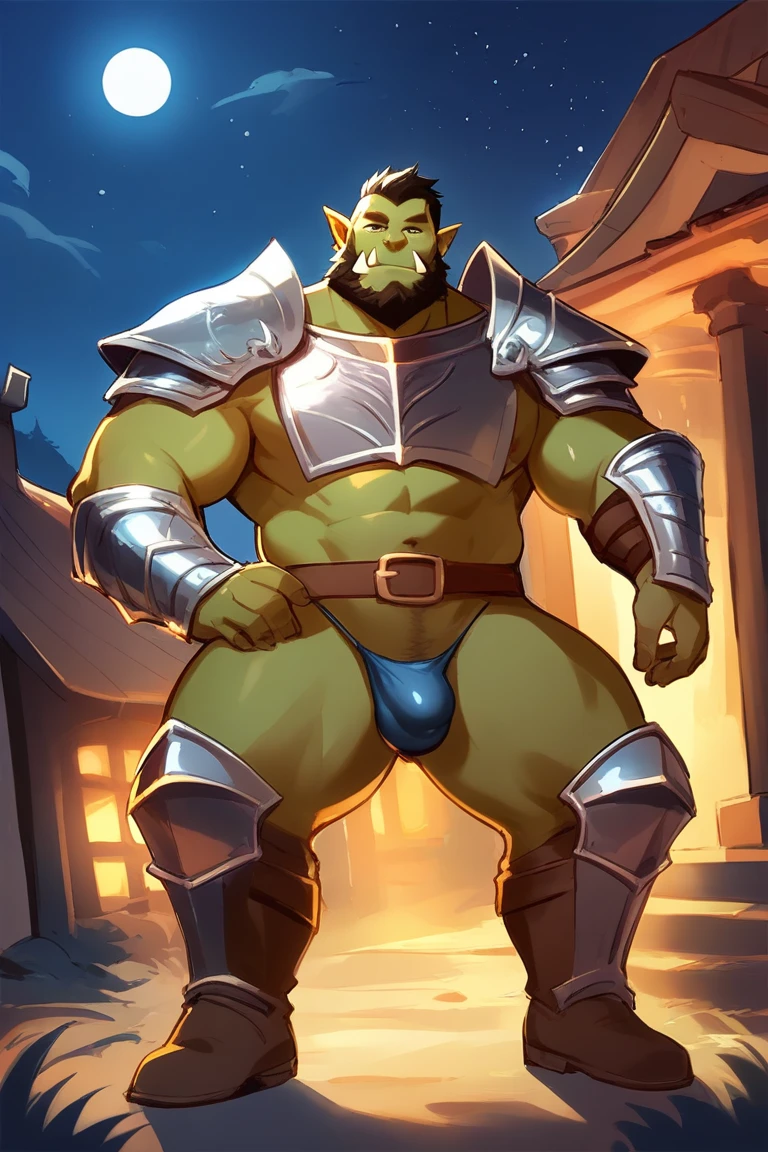 score_9, score_8_up, score_7_up, solo, male focus, mature male, orc, green skin, tusks, beard, outdoors, micro armor , shoulder armor, breastplate, upper body, closed mouth, pauldrons, night, night sky , (( micro-thong:_Pattern_designs_thongs_perspire_massive pec_Get wet all over your body)) , full body , boots , bulge , laying spread legs , legs up , His body was wet with cum
