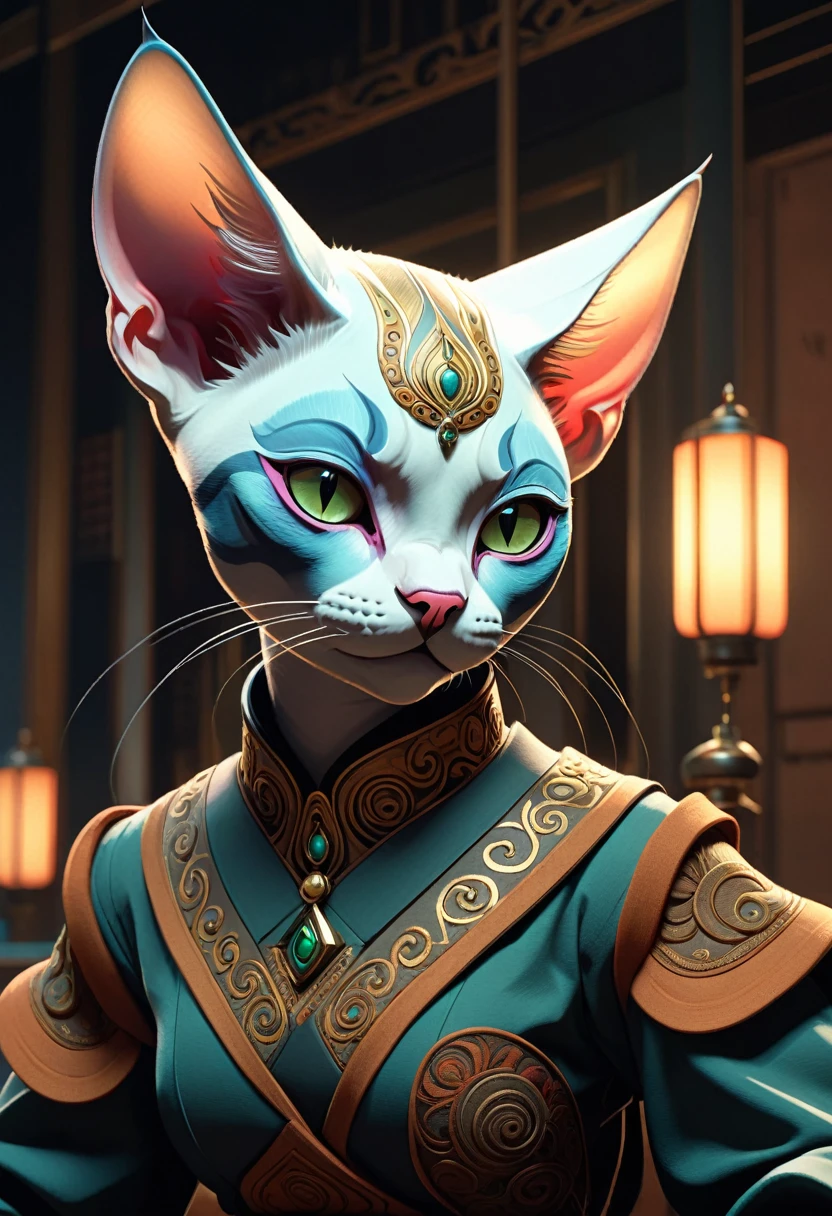 Sphynx Cat, Isabelle, Okumura Masanobu Nihei, Krenz Cushart, Izumi Kato, Ashley Wood, and Charlie Bowater and Craig Mullins, intricate accurate details, artstation trending, octane render, cinematic color grading, muted colors, soft light, rule of thirds