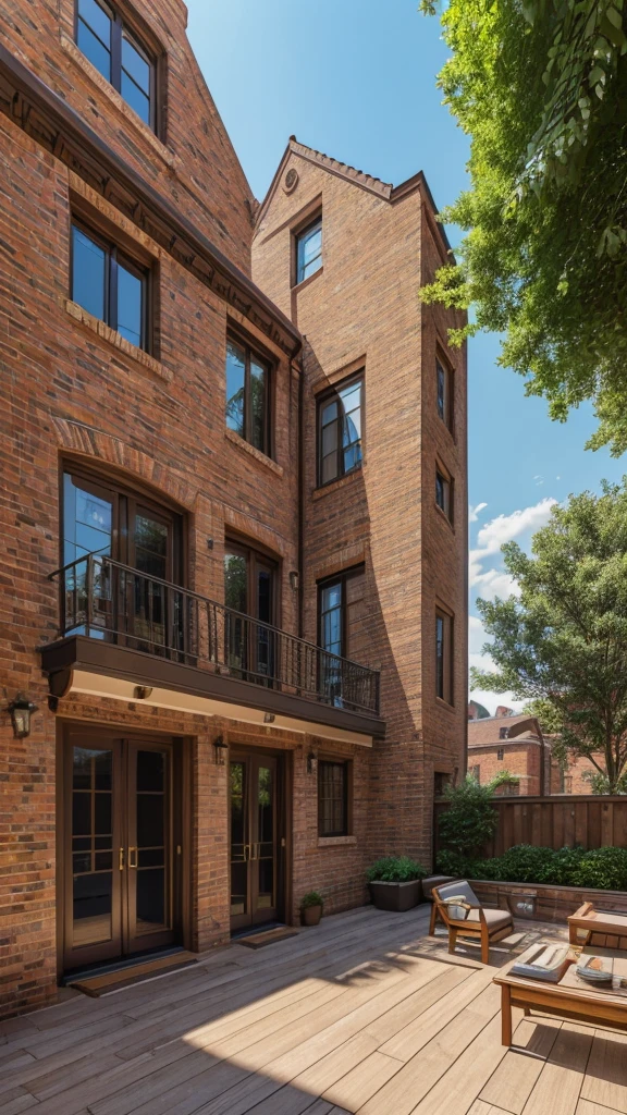 a cozy urban house, detailed architecture, beautiful exterior design, brick walls, large windows, elegant balcony, lush garden, sunlight, photorealistic, 8k, (best quality,4k,8k,highres,masterpiece:1.2),ultra-detailed,(realistic,photorealistic,photo-realistic:1.37),HDR,UHD,studio lighting,extreme detail description,professional,vivid colors