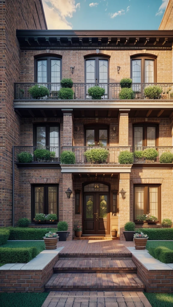 a cozy urban house, detailed architecture, beautiful exterior design, brick walls, large windows, elegant balcony, lush garden, sunlight, photorealistic, 8k, (best quality,4k,8k,highres,masterpiece:1.2),ultra-detailed,(realistic,photorealistic,photo-realistic:1.37),HDR,UHD,studio lighting,extreme detail description,professional,vivid colors