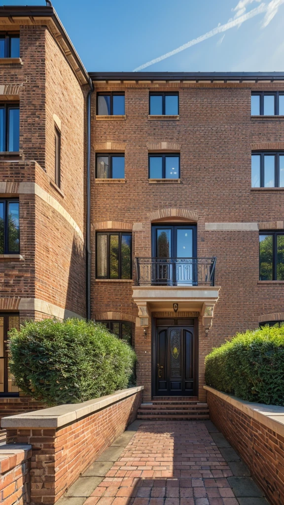 a cozy urban house, detailed architecture, beautiful exterior design, brick walls, large windows, elegant balcony, lush garden, sunlight, photorealistic, 8k, (best quality,4k,8k,highres,masterpiece:1.2),ultra-detailed,(realistic,photorealistic,photo-realistic:1.37),HDR,UHD,studio lighting,extreme detail description,professional,vivid colors