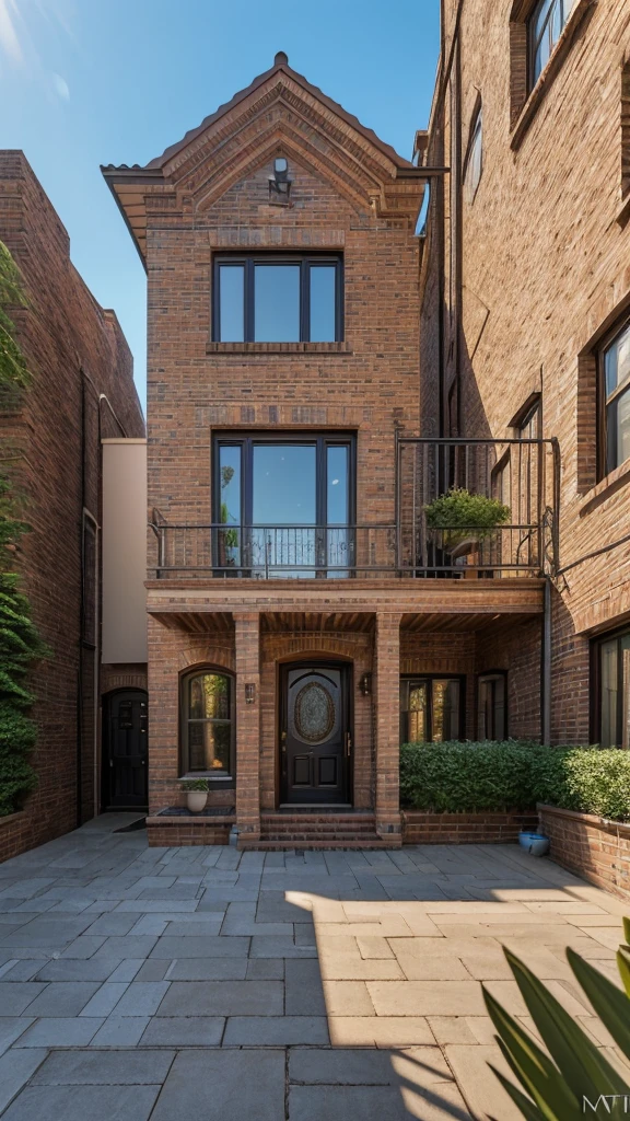 a cozy urban house, detailed architecture, beautiful exterior design, brick walls, large windows, elegant balcony, lush garden, sunlight, photorealistic, 8k, (best quality,4k,8k,highres,masterpiece:1.2),ultra-detailed,(realistic,photorealistic,photo-realistic:1.37),HDR,UHD,studio lighting,extreme detail description,professional,vivid colors