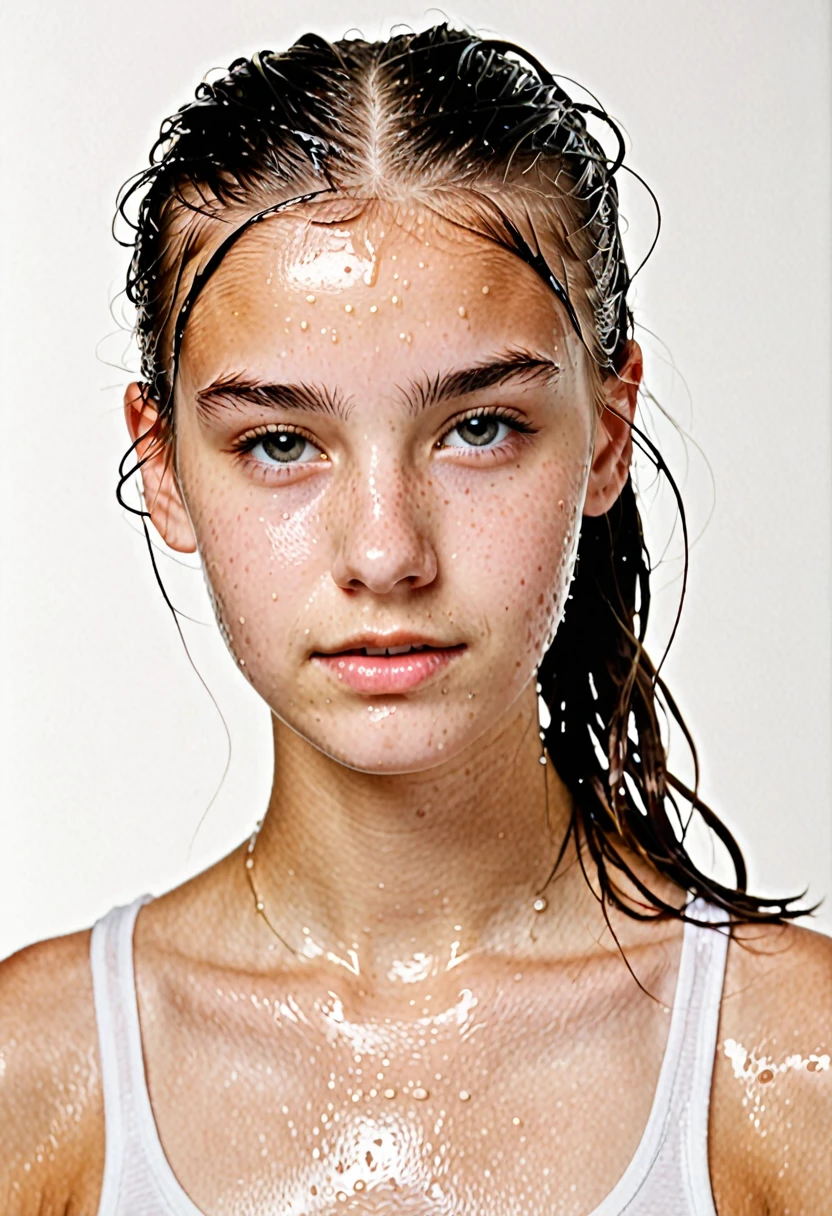 15 year old age girl with parted hair tied up wet on white background  