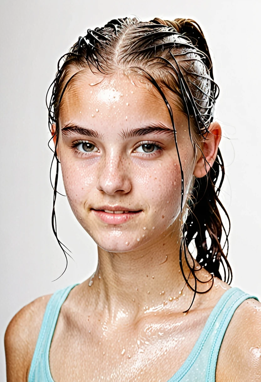 15 year old teenage girl with parted hair tied up wet on white background  