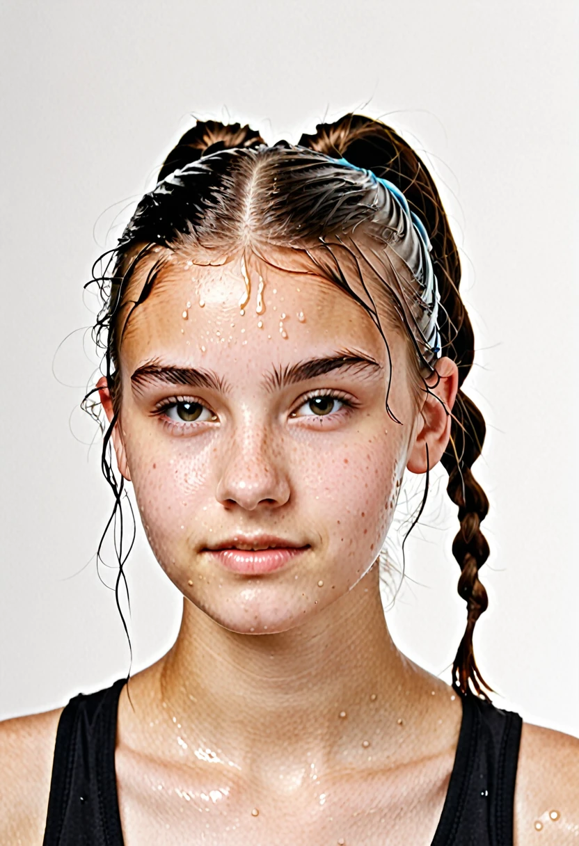  girl with parted hair tied up wet on white background  