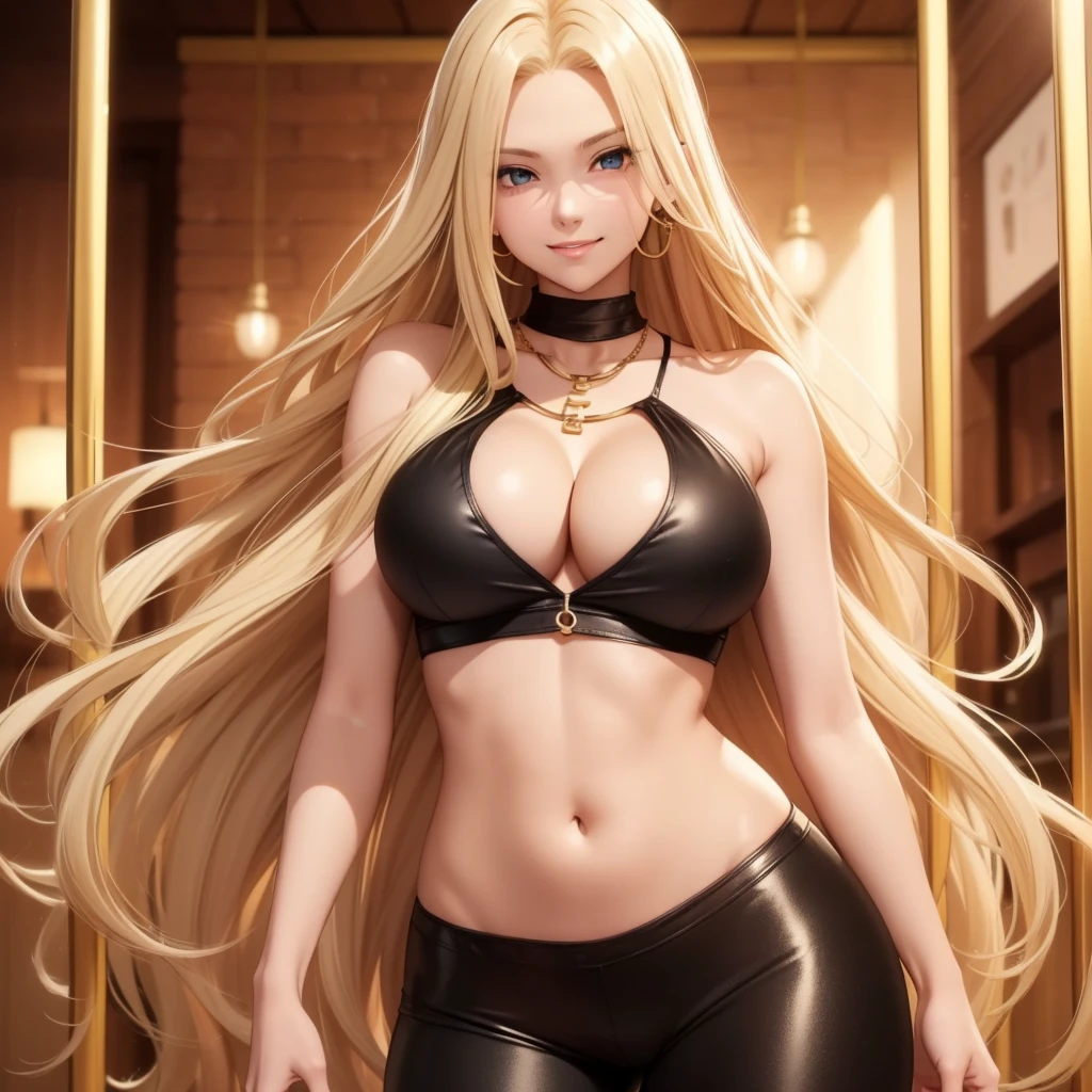 1girl only, smile, gold necklace with circle pendant ((long blonde hair, Between dates.)), low-cut black crop top, ((cleavage is visible.)), medium breasts, thick and defined thighs, black leggings, look seductive, sarcastic, shy, blushing,((light skin))