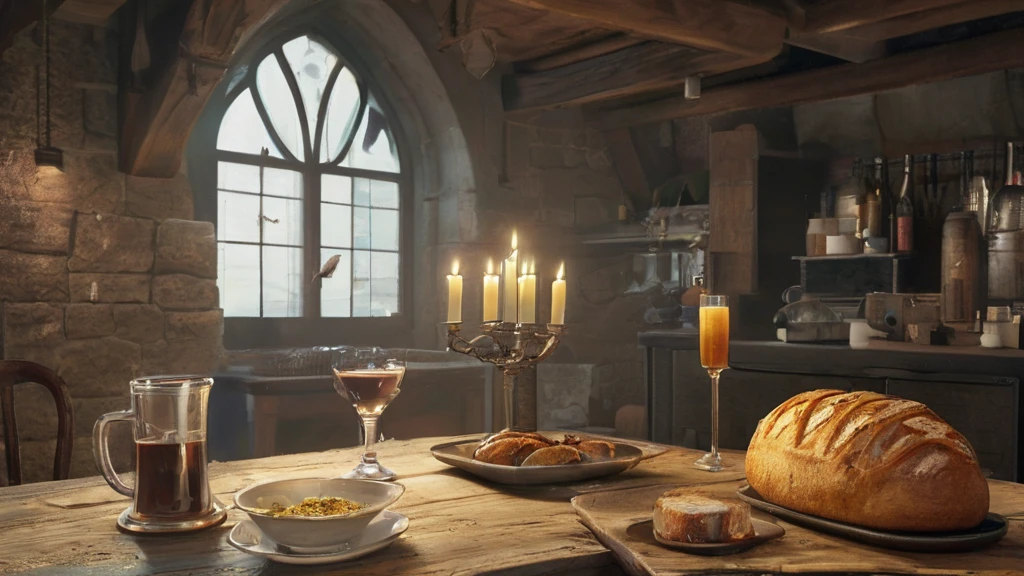 Imagine a weathered oak table, aged and polished by time, set in the dimly lit interior of a medieval tavern. Upon the table rests a simple yet hearty meal from a bygone era—a loaf of crusty bread, its golden crust dusted with flour; a trencher filled with roasted game bird, its skin crisped and savory; and a pewter goblet brimming with rich, amber ale.