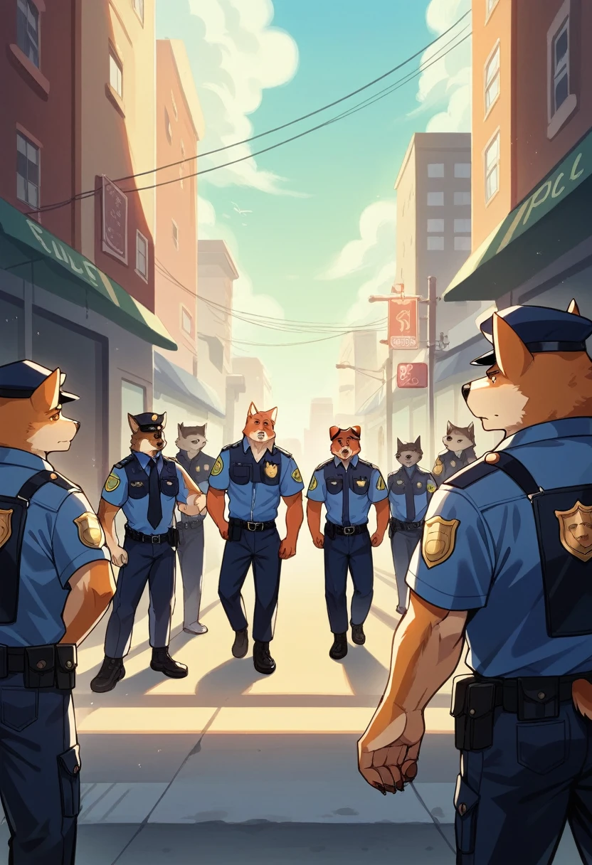 top quality, best quality, highres, masterpiece, super high resolution, detailed background, street, gasping for air(super handsome boys, dog)police officer, swat, police uniform, 6+boys, 6+girls, absurdres(highly detailed beautiful face and eyes)perfect anatomy, good lighting, volumetric lighting, cinematic shadow(kemono, furry anthro),