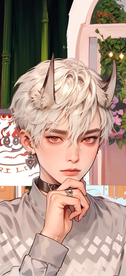 masutepiece, Best Quality, 1 boy, Short hair, Silver hair, sharpteeth, tusk,Choker,Red eyes,Black leather shirt, blush, western building, charicature, Looking at Viewer, Dog ears are attached on the head
