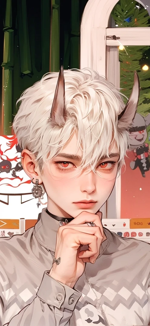 masutepiece, Best Quality, 1 boy, Short hair, Silver hair, sharpteeth, tusk,Choker,Red eyes,Black leather shirt, blush, western building, charicature, Looking at Viewer, Dog ears are attached on the head