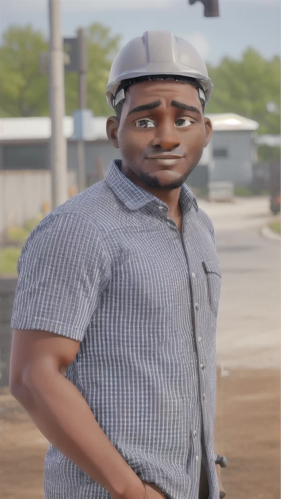 A dark man with, with a work helmet, wearing a dress shirt, with his hands in his pocket, standing in a work