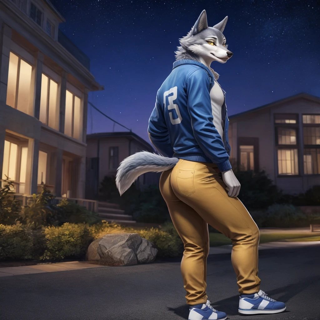 Porsha is a tall Arctic-gray wolf with yellow eyes and bluish-grey and white fur. She wears purple sunglasses, a dark blue jacket with multicolored accents, yellow trousers, grey and white sneakers, and a blue vintage t-shirt. anthro wolf, female, adult, blue fur, buffed body, tail, sexy, beefy body, furred body, furry chest hair, realistic, full body, photorealistic, ultra realistic, 8k, night, bare-chested, in back turned posing, sexy butt
