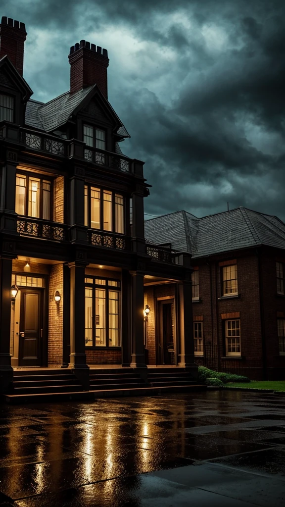 a night scene of an urban house in the rain, detailed architecture, dramatic lighting, moody atmosphere, cinematic, dark clouds, heavy rain, puddles, gloomy, old building, Victorian style, brick walls, arched windows, ornate details, weathered, atmospheric, stormy sky, dynamic composition, dramatic lighting and shadows, realistic rendering, 8k, ultra-detailed, photorealistic