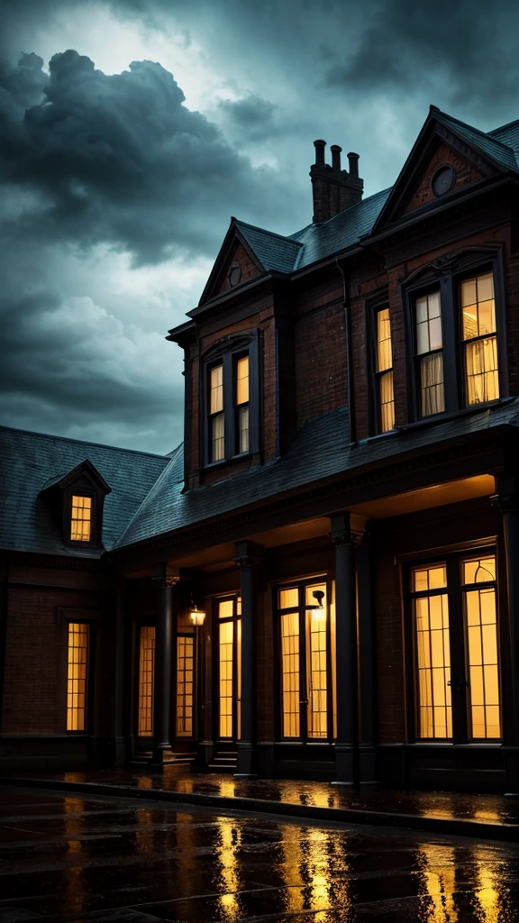 a night scene of an urban house in the rain, detailed architecture, dramatic lighting, moody atmosphere, cinematic, dark clouds, heavy rain, puddles, gloomy, old building, Victorian style, brick walls, arched windows, ornate details, weathered, atmospheric, stormy sky, dynamic composition, dramatic lighting and shadows, realistic rendering, 8k, ultra-detailed, photorealistic