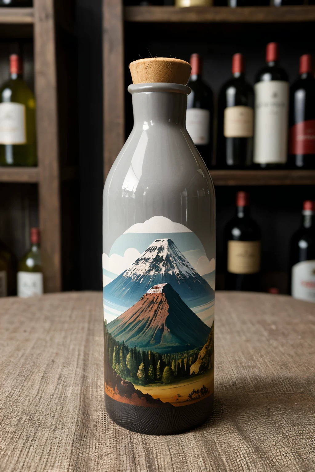 ((Best Quality)), ((Masterpiece)), (detailed), a bottle in the shape of a volcano that has nine on top and a gray color in the middle, but make the bottle in the shape of a volcano, just the bottle

