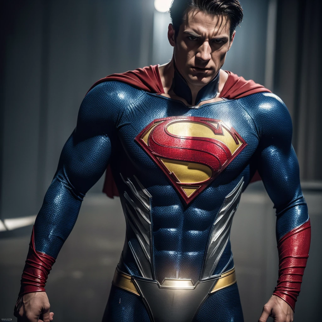 Florian Wirtz as Superman in DC, detailed superhero suit, Germany flag on chest, muscular body, piercing eyes, chiseled jawline, heroic pose, dramatic lighting, cinematic composition, rich color palette, gritty realism, (best quality,4k,8k,highres,masterpiece:1.2),ultra-detailed,(realistic,photorealistic,photo-realistic:1.37)