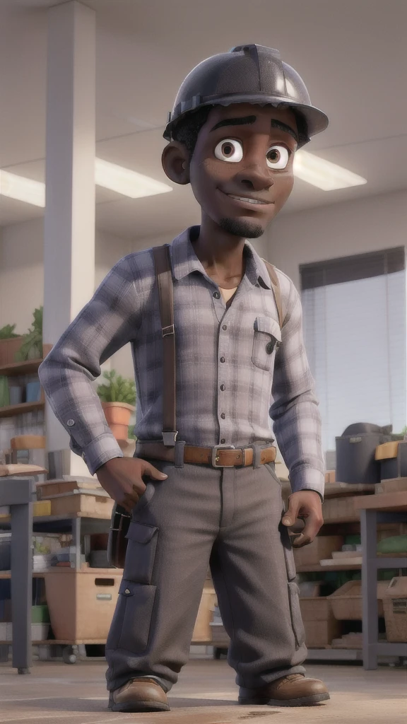 A dark man with, with a work helmet, wearing a dress shirt, with his hands in his pocket, standing in a work