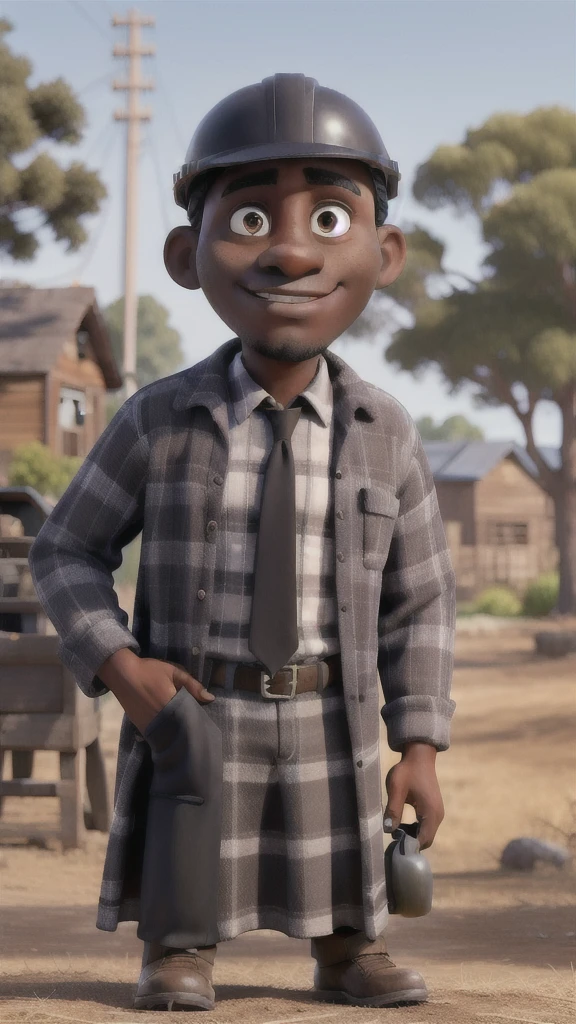 A dark man with, with a work helmet, wearing a dress shirt, with his hands in his pocket, standing in a work