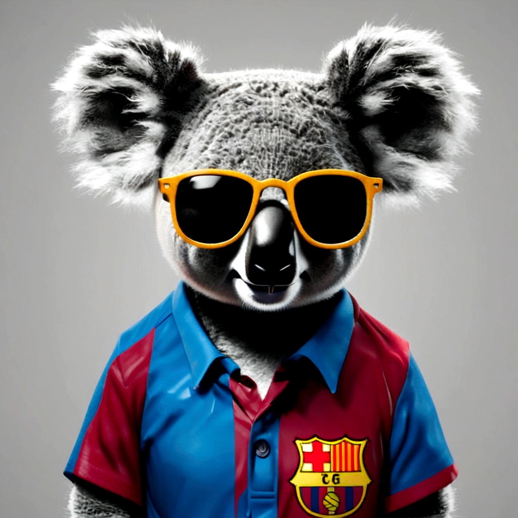 Cartoon character of a koala with black glasses and Barcelona shirt, an animated character, Stylized character, animation style rendering, stylized 3D, Arnold Maya rendering, Stylized 3D rendering, toon rendering screenshot, 3D Character , 3D Character, Stylized 3D Rendering, 3D Character Rendering, cartoon character, Close up Character, Character Pose, (Pixar Style) (master part:1.2) (bokeh) (best quality) (detailed skin) (texture detailed) (8K) (clay) (cinematic lighting) (sharp focus，Sits and leaks the upper body