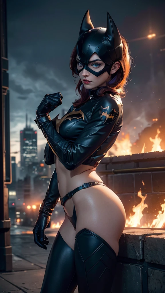 Batgirl Arkham knight, sexy woman,DC comics,small, half naked, classic costume with mask, custom colors blue and yellow, YOUNG, super skynny body, small and beautiful buttocks, toned abdomen, small and beautiful breasts, gloves, Boots, pose sexy, malevolent, obscene, powerful, super sensual, oscuridad, nocturno, Dramatic background, In the background is Gotham City on fire, Apocalyptic atmosphere, Batman signal in the sky, sensual look, beautiful blue eyes, classic hairstyle,Hair dyed in bright red color, best quality,4k,8k,A high resolution,masterpiece,ultra detailed,Realistic, Photorealistic,photo realistic