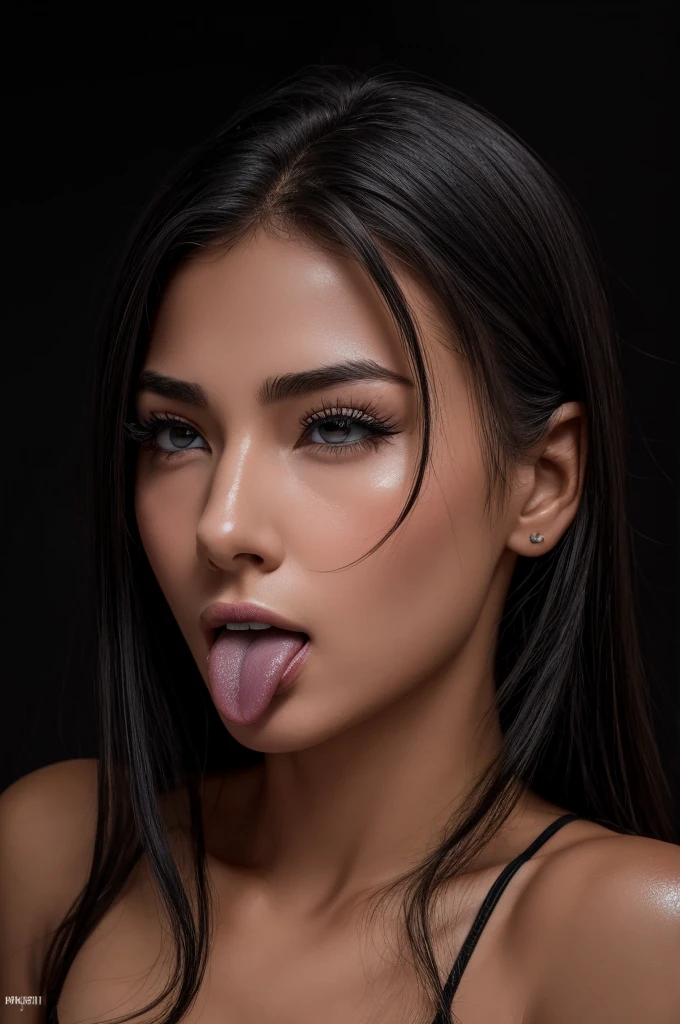 1 Girl,超High resolution, Textured skin, Anatomically correct, High resolution, Teen,Keep your eyes sharp and focused, Nose and mouth,Face Focus, Face close-up、Woman with open mouth and closed eyes, Black camisole、20-year-old,Black-haired、Symmetrical face,Realistic nostrils、Angle from below、Elongated C-shaped nostrils、Sweaty skin、Skin shiny with sweatを強調する照明、((Sharp Nose))Skin shiny with sweat、Shiny skin、Sweaty hair、Looking up at the audience,Long Tongue、Actual skin type、Realistic pores,Look up,Long, moist tongue,Black background,Semi-backlit,（vapor）