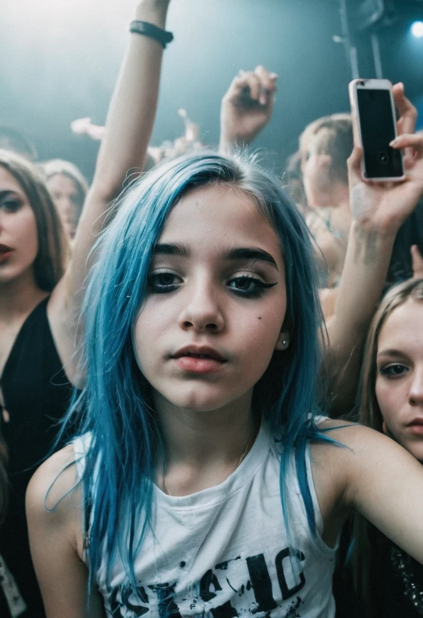 Stock photo, girl at a party in a nightclub, Instagram selfie Photo,blue hair, ruined black emo makeup, black lips,black eyeliner,early 2000's,grainy, natural feactures,soft facial hair,soft arms hair, she is crying, bushy hairy armpits, arm up