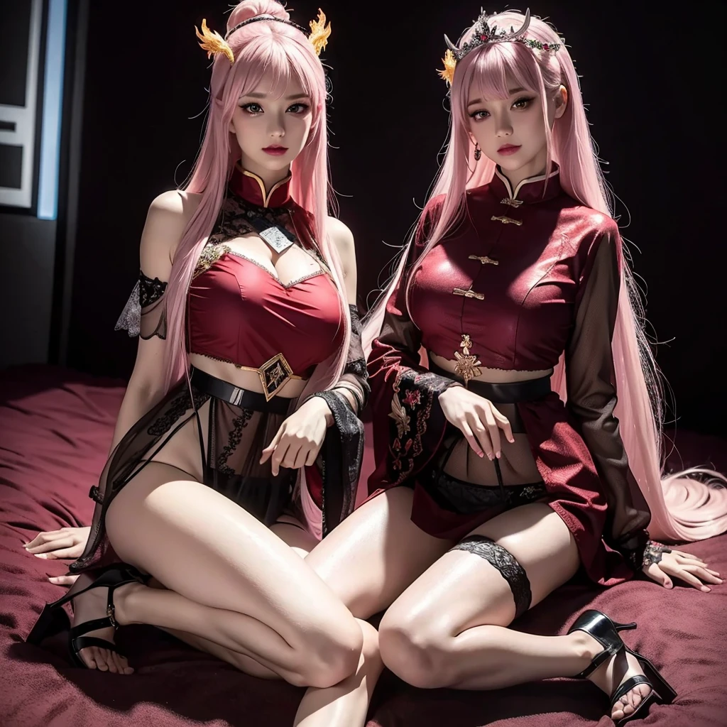 best quality, masterpiece, highres, 2 girls, lesbians, hanfu, white and even teeth, erotic pose, red irises, ponytail, very long hair, bdsm, chinese women's clothing, wearing a nightgown thin lace deep slit chest, chinese underwear, lace stockings, mesh stockings with hooks on underwear, garter belt, lace socks worn at the waist, turtleneck polo lace top, full body shot, shot from behind, seductive girls, high heels, high boots, choker, long gloves, hair ornaments, necklace, jewelry, crown jewelry. Pretty face, full body, magic import style, tyndall effect, photo realistic, dark studio, border light, two tone light, (high detail skin: 1.2), 8k uhd, dslr , soft light, high quality, volumetric light, candid, Photo , high resolution, 4k, 8k, Bokeh, (light pink lips), 1 beautiful demon from hell, In the Dark: 1.6), surreal full body of women by David Hockney and Alphonse Mucha, fantasy art, photorealism, dynamic lighting, station art, posters, volumetric lighting, highly detailed faces , super 8k, Awarded, in the dark, deep shadow, low light, cowboy lens, (Red phoenix shirt: 1.4), bust, luxury palace, Royal style family, bedroom background, sharp and detailed makeup, lipstick, Best face, Very round and tight breasts, Surreal, charming smile, Beautiful eye makeup, guweiz, devil style, (full body), (Background detail 1.8), , moderately big butt,