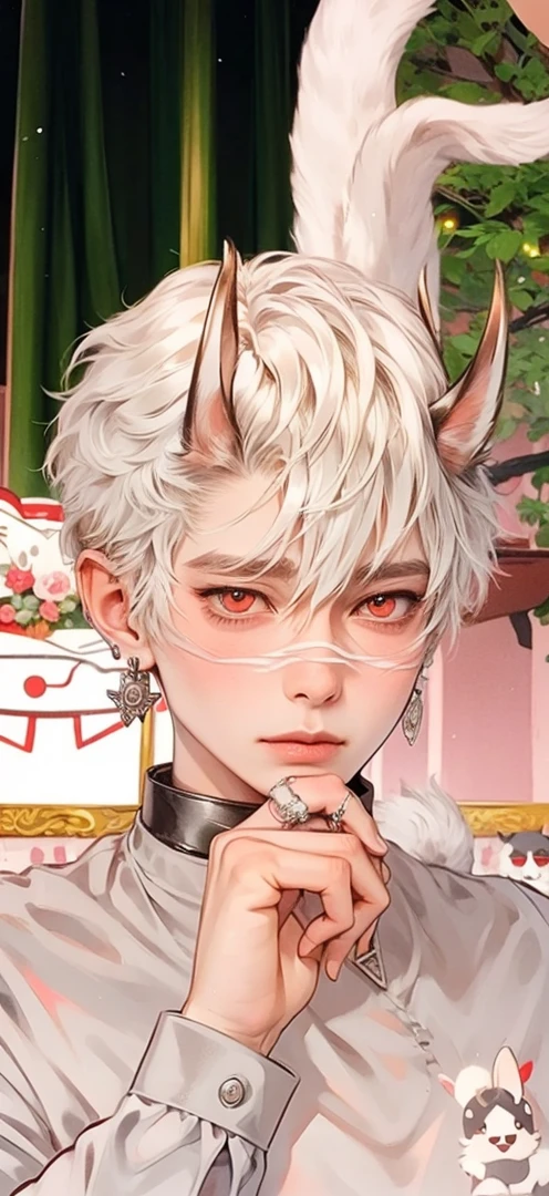 masutepiece, Best Quality, 1 boy, Short hair, Silver hair, sharpteeth, tusk,Choker,Red eyes,Black leather shirt, blush, western building, charicature, Looking at Viewer, Dog ears are attached on the head