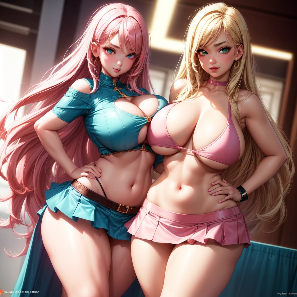 ((1 girls), solo, clevage, Big round breasts, trendy, stylish, clevage, thighs, hips, realistic, pink hair, blonde hair, light green eyes, lip gloss, detailed face, amazing big eyes, eye details, big lips, eyebrow details, pink mini skirt, crop top blush, confident, dominant, bdsm, smirk, naughty, mischevious face, HD, good quality, curvy, standing up, thick thighs, attractive, amazing body, perfect body, slim thick, indoors, bikini, armpits, clevage,