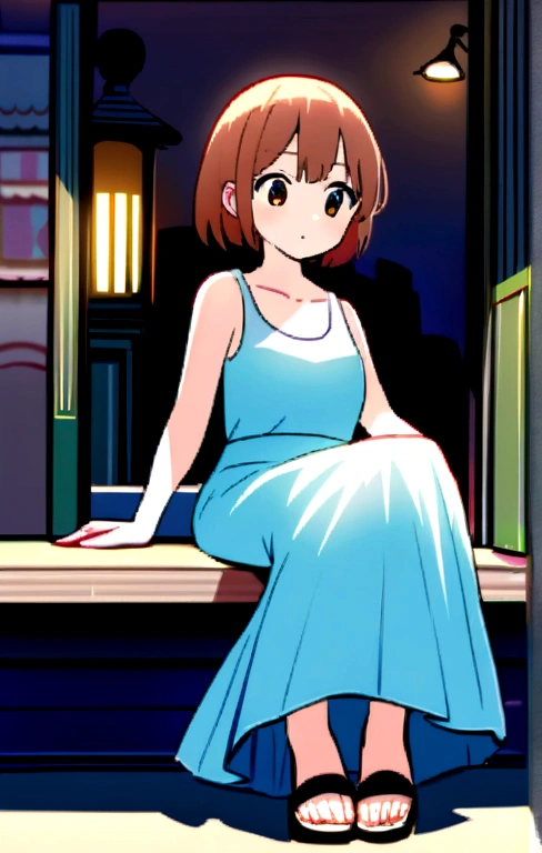 A beautiful young fair girl sitting in a outside beautiful cafe with street lamps and flowers wearing light blue long skirt with tank top wearing sandals hera long brown hairs