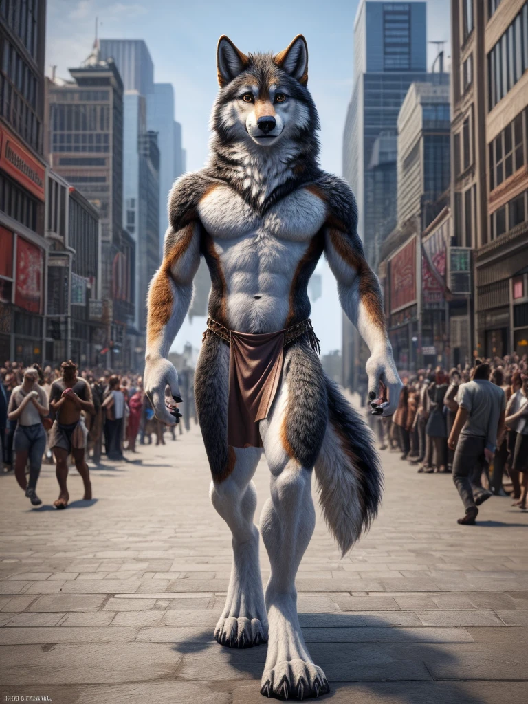 on e621,anthro,loincloth,nude,detailed fur,detailed eyes,smiling,multicolored body,multicolored fur,solo,male,wolf,hi res,fur,digitigrade,look at viewer,front view,claws,walking,anatomically correct,city,crowd,outside,full body