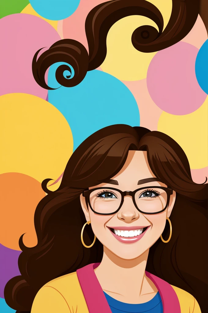 Cartoon, animated cartoon, Women, linda, teacher, king, with glasses, long brown hair with curls, smiling, laughter, happy, happy, bright brown eyes, colorful background