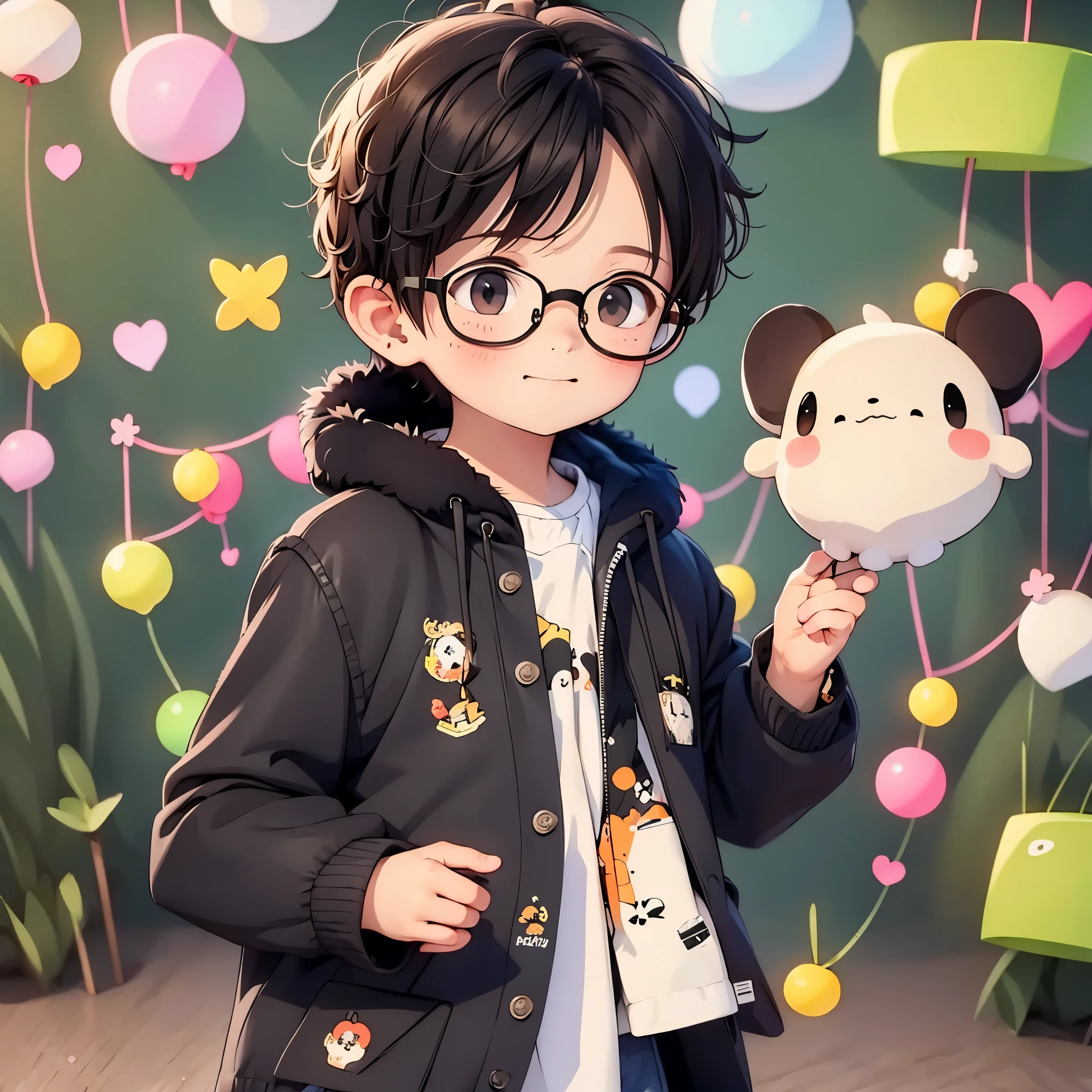Eyeglasses, black fur, black leather jacket, White shirt
