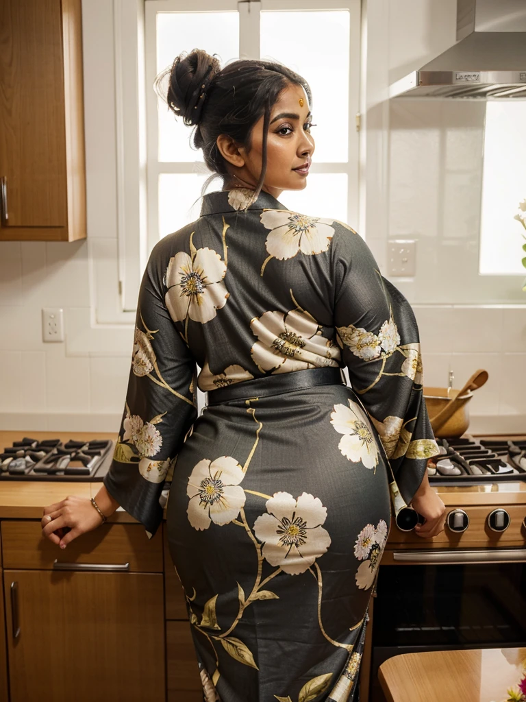 Sri lankan aunty 45 years old curvy body sexy figure fat body hairbun wearing flower pattern tight kimono at kitchen