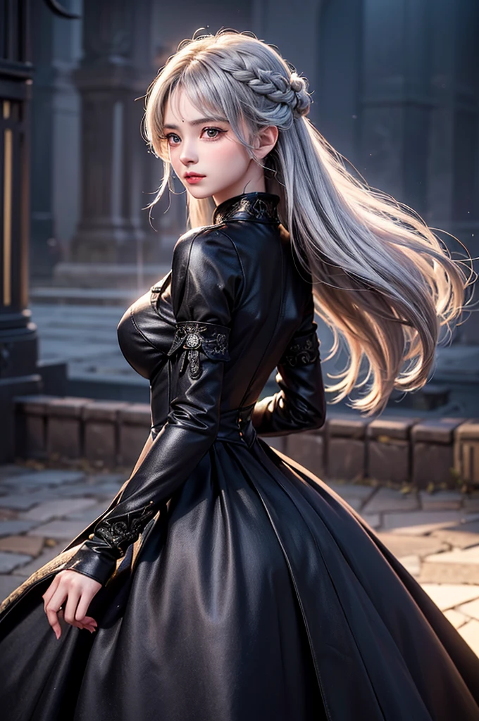 (Upper body image)((masterpiece:1.5,Highest quality,Highly detailed images,Beautiful images、Realistic、Realistic、2.5D))(One girl, solo)(Adult female、Large Breasts, Gray Hair, Beautiful Eyes, Healthy legs、Tight ass、A little bit of her butt is visible through the slit.、Beautiful cleavage)(Fantasy Dress、Fantasy Clothing、Black battle dress、Black Dress:1.5, Deep slit)(smile, Wind, Floating Hair)(bright、Soft lighting、In the city、The King's Chamber)From behind