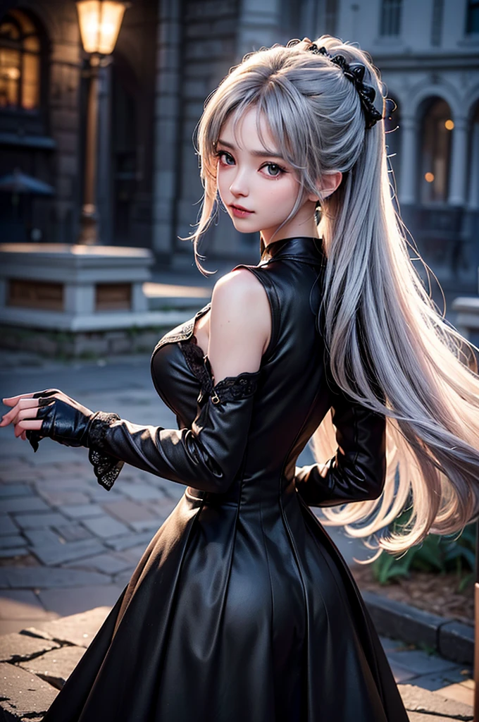 (Upper body image)((masterpiece:1.5,Highest quality,Highly detailed images,Beautiful images、Realistic、Realistic、2.5D))(One girl, solo)(Adult female、Large Breasts, Gray Hair, Beautiful Eyes, Healthy legs、Tight ass、A little bit of her butt is visible through the slit.、Beautiful cleavage)(Fantasy Dress、Fantasy Clothing、Black battle dress、Black Dress:1.5, Deep slit)(smile, Wind, Floating Hair)(bright、Soft lighting、In the city、The King's Chamber)From behind