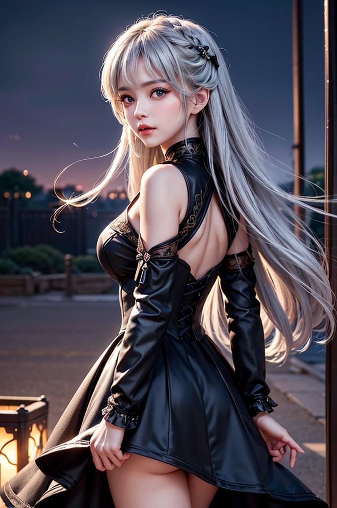 (Upper body image)((masterpiece:1.5,Highest quality,Highly detailed images,Beautiful images、Realistic、Realistic、2.5D))(One girl, solo)(Adult female、Large Breasts, Gray Hair, Beautiful Eyes, Healthy legs、Tight ass、A little bit of her butt is visible through the slit.、Beautiful cleavage)(Fantasy Dress、Fantasy Clothing、Black battle dress、Black Dress:1.5, Deep slit)(smile, Wind, Floating Hair)(bright、Soft lighting、In the city、The King's Chamber)From behind