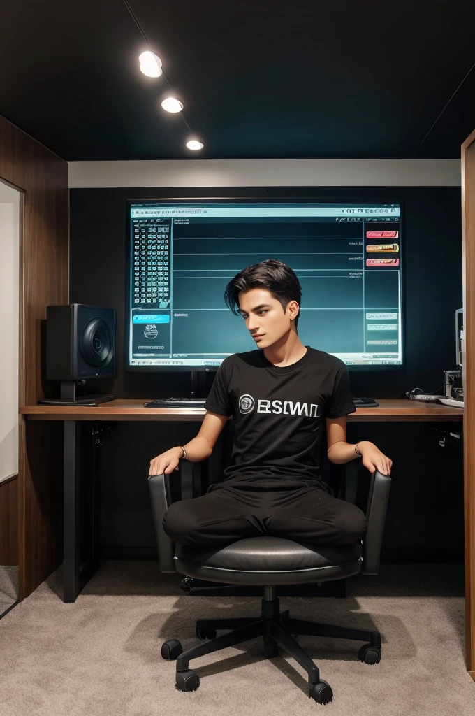 background room "SAMI GROWTH' Help charts. money Chair, stockmarket names elegantly sits computer live boy in a black T-shirts with their WhatsApp profile picture where a a black, look in computer . The Create a cartoon illusion for a