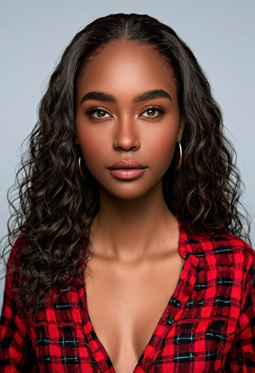 A beautiful woman, beautiful Latin face, young Brazilian Nyvi Estephan, Brazilian supermodel, serene and elegant beauty, Angolan descent, young adult 30 years old, nerdy woman, tall woman, a stunning black woman, with indigenous features, beautiful indigenous girl, native Brazilian, ((An indigenous African girl with European ebony)), ((her beauty is undeniable)), beautiful young ebony with dark skin, tanned Mexican, black hair with brown highlights, black curly hair with brown highlights, voluminous black hair with Brown highlights, vibrant and dynamic cut with soft waves can add a modern and stylish touch. Has an exotic beauty with beautiful green eyes, realistic green eyes, bright green eyes, ultra detailed green eyes, ultra realistic green eyes, natural green eyes, ultra detailed iris, perfect eyes, perfect iris, hyper realistic eyes, eyeliner, long eyelashes and defined, penetrating gaze that conveys confidence, striking, powerful expression, strong presence, striking makeup, vibrant red lipstick, full lips, voluminous lips, seductive lips, captivating, striking, unforgettable, dazzling and mischievous smile, wide smile, your features are captivating , subtle smile on his lips. beautiful and detailed face, detailed skin texture, Notice her perfectly shaped eyebrows, which arch gracefully above her eyes, small nose that is proportionate to her face, and soft contour of her face that accentuates her high cheekbones. Beautiful and glowing skin, intricate details, smooth skin, healthy and radiant appearance, Attractive slim woman, Average bust, Average and beautiful breasts, athletic physique, flat stomach, slim waist, huge hips, wide hips, big ass, thick thighs, legs shapely concept art. She wears a red and black plaid shirt with long sleeves, a short black latex skirt and long black knee-high boots. 3D 4k, high resolution, full sharpness photo realistic, breathtaking, Lentille nette, Photographie professionnelle, Objectif 70mm, Unreal Engine 5, wallpaper, colorful