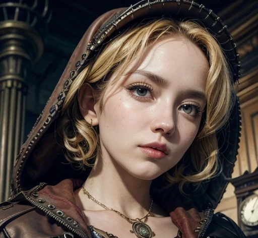 close up, straight blonde short curly hair little red riding hood, watch on necklace, (era vitoriano), ((Steampunk)), cinematrographic, worked, chic, meticulous, Magnificent, maximum detail, extremely hyperaesthetic, intrincately detailed, many gears, old city background