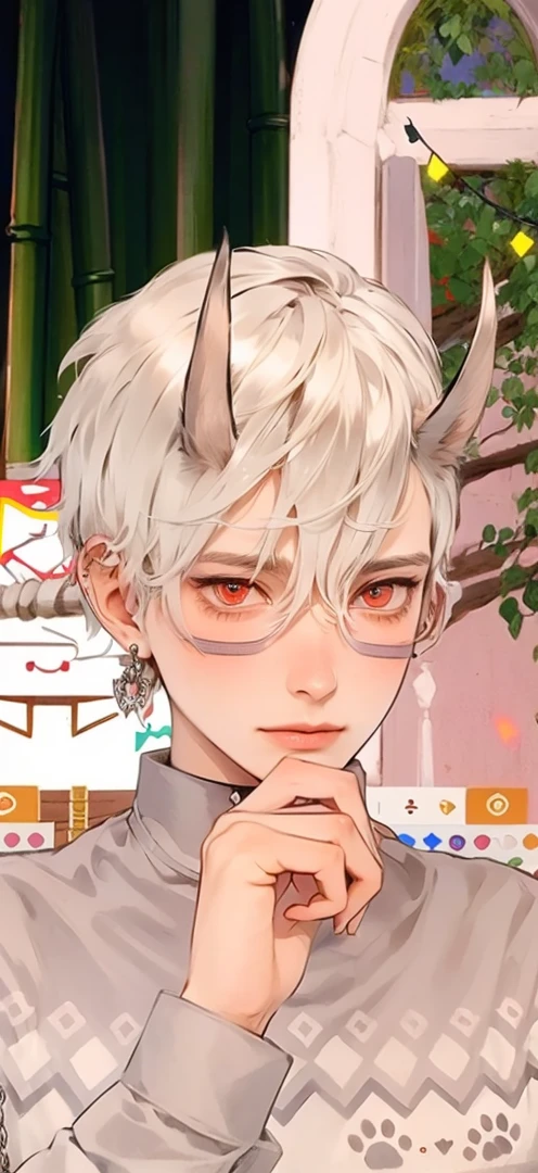 masutepiece, Best Quality, 1 boy, Short hair, Silver hair, sharpteeth, tusk,Choker,Red eyes,Black leather shirt, blush, western building, charicature, Looking at Viewer, Dog ears are attached on the head